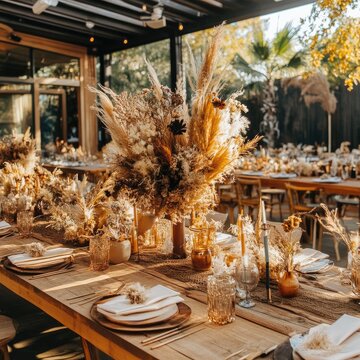Rustic boho-chic wedding reception tablescape with dried floral arrangements.