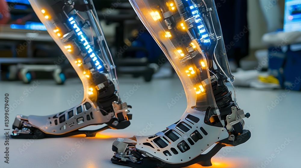 Poster innovative high tech prosthetic leg with dynamic customizable led lighting effects for a futuristic 