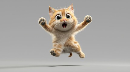 Excited cartoon ginger kitten jumps, gray studio background