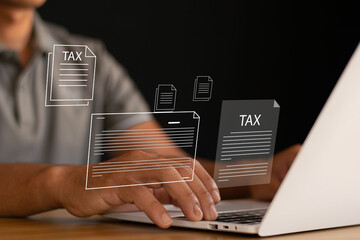 Tax information adds government tax concept. Laptop user to fill out ordinary personal income tax...