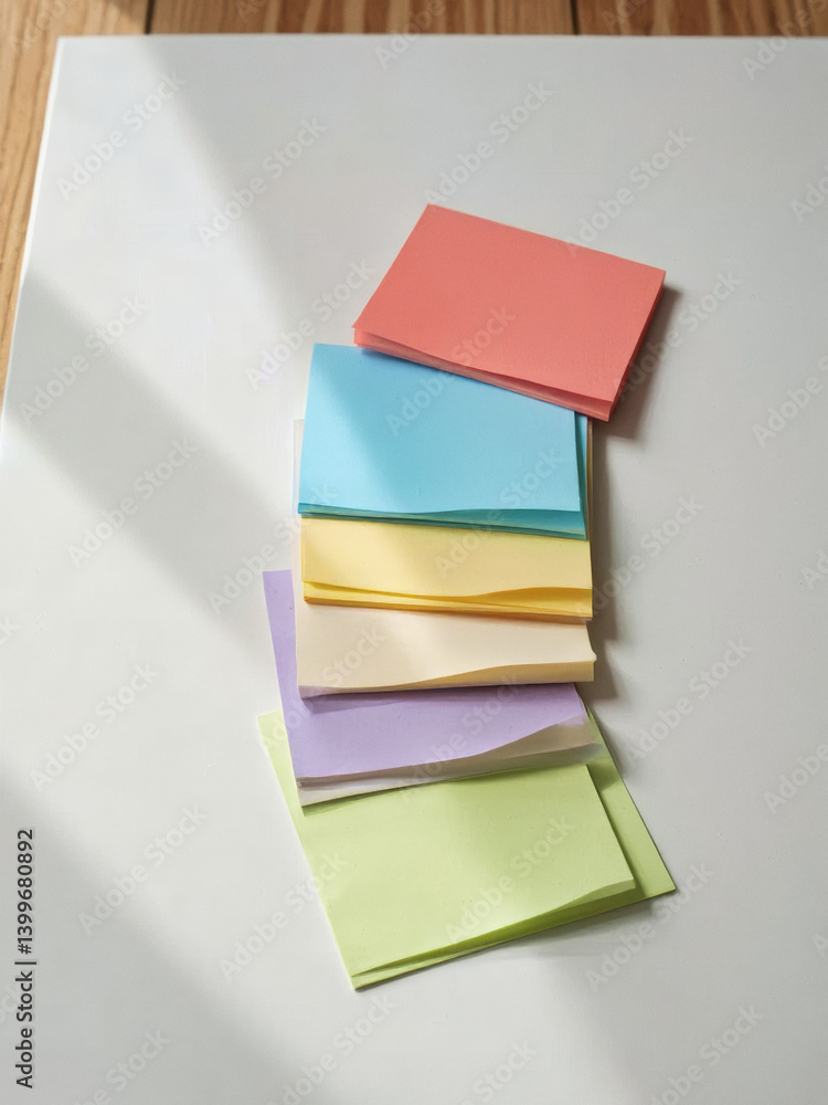 Aufkleber everyday objects - for downstream advertisement and design: a stack of colorful sticky notes rests o