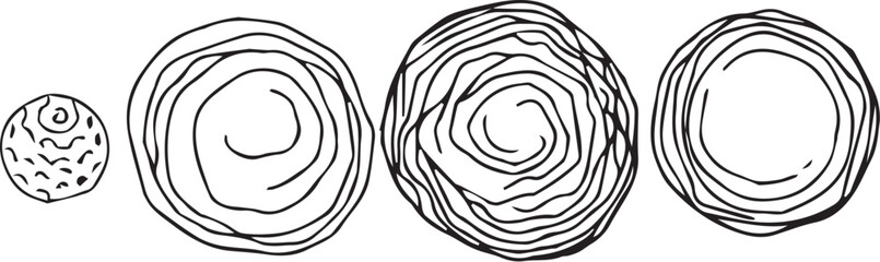 Set of round doodle hand drawn patterns and textures. Abstract organic shapes, different textured circles. Hand drawn vector illustration