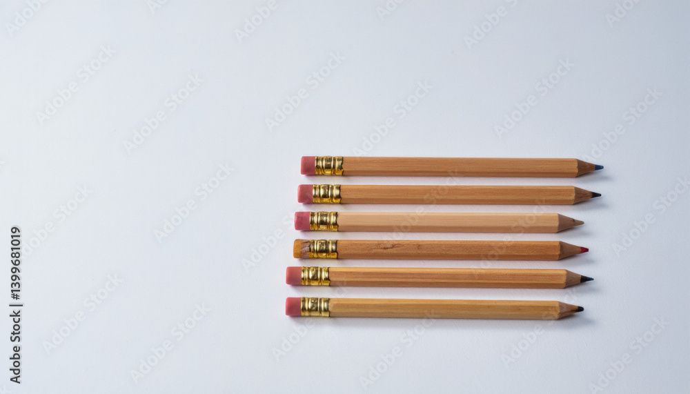 Poster everyday objects - for downstream advertisement and design: a row of six wooden pencils with pink er