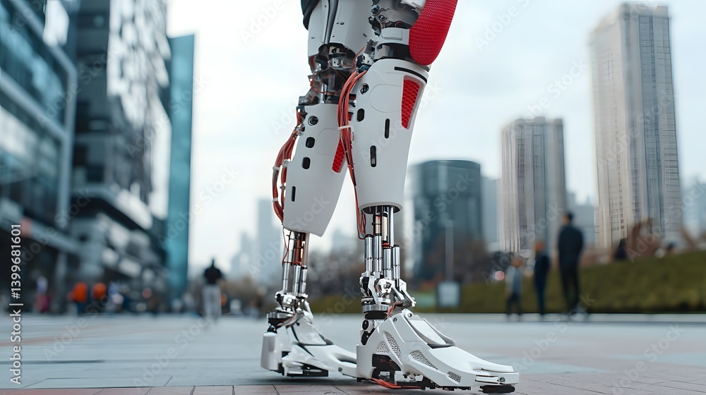 Poster innovative ai powered prosthetic leg with advanced self balancing technology designed to navigate un