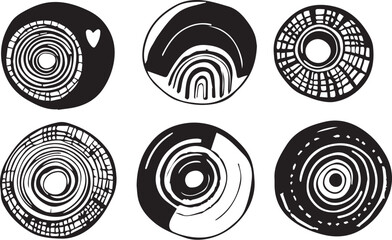 Set of round doodle hand drawn patterns and textures. Abstract organic shapes, different textured circles. Hand drawn vector illustration