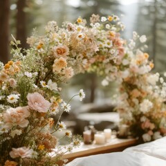 Romantic Floral Arch  Wedding Decor  Outdoor Ceremony  Peach Roses  Daisies  Summer Flower
