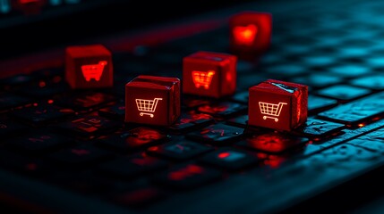 Online shopping, digital commerce.  Small red shopping cart icons on a dark computer keyboard, illuminated