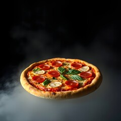 op View of Delicious Italian Pizza with Mozzarella, Cherry Tomatoes, and Basil on Wooden Board