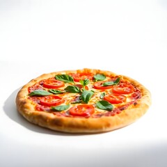 op View of Delicious Italian Pizza with Mozzarella, Cherry Tomatoes, and Basil on Wooden Board