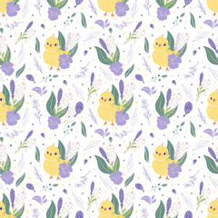 Cute yellow chick with wild violet flowers and leaves, Easter seamless pattern, Children fabric, card, banner, vector illustration