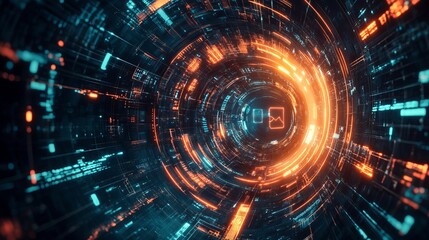 Obraz premium Abstract digital tunnel with glowing orange and blue lines and geometric shapes in dark space