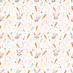 Cute rabbit , carrot and wild flowers seamless pattern. Create kids fabric, card and banner. Vector illustration