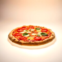 op View of Delicious Italian Pizza with Mozzarella, Cherry Tomatoes, and Basil on Wooden Board