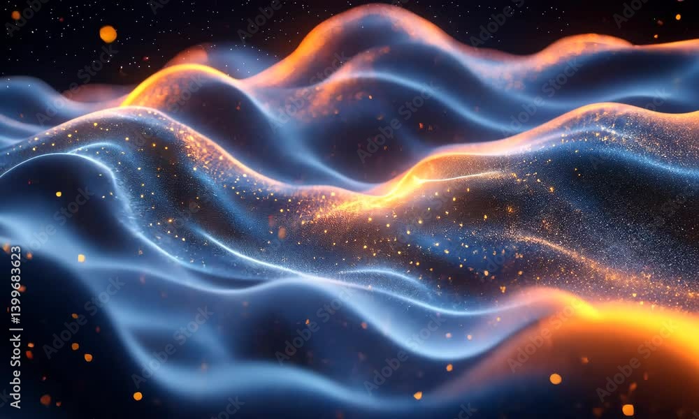 Poster abstract flowing wave particle simulation with glowing sparks and vibrant colors