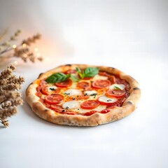 op View of Delicious Italian Pizza with Mozzarella, Cherry Tomatoes, and Basil on Wooden Board