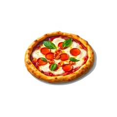 op View of Delicious Italian Pizza with Mozzarella, Cherry Tomatoes, and Basil on Wooden Board