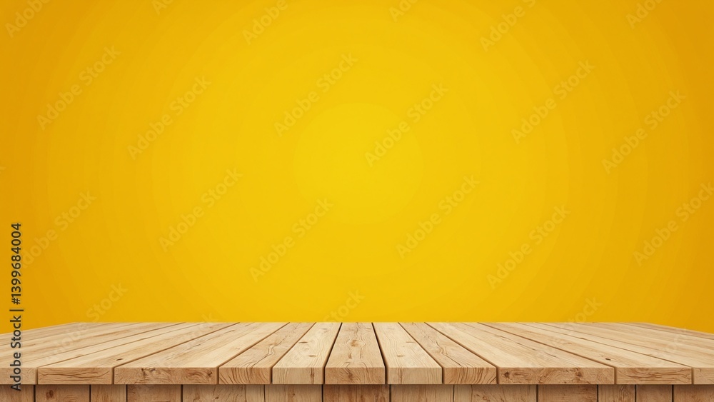 Poster empty wooden display platform against yellow background
