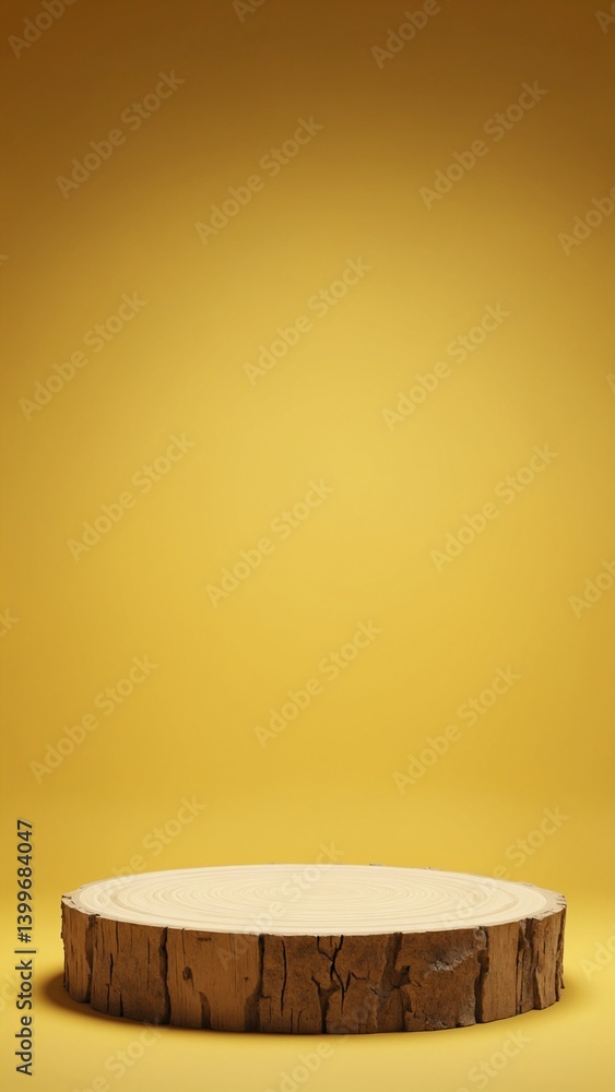 Poster empty wooden display platform against yellow background
