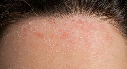 Closeup view of a person's forehead with severe dry skin, flaky skin, showing signs of eczema or psoriasis