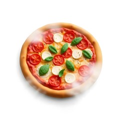 op View of Delicious Italian Pizza with Mozzarella, Cherry Tomatoes, and Basil on Wooden Board