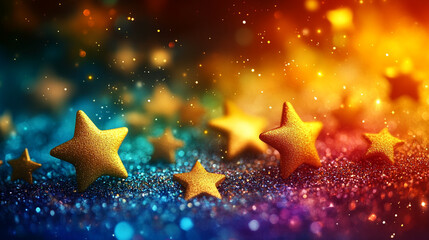 Golden Stars on Dazzling Colorful Background with Sparkling Effects