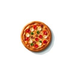 op View of Delicious Italian Pizza with Mozzarella, Cherry Tomatoes, and Basil on Wooden Board