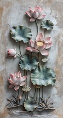 Delicate lotus flowers in 3D relief against a textured background.  Detailed blossoms and leaves create a serene and beautiful scene