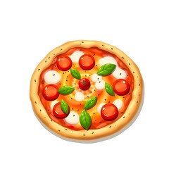 op View of Delicious Italian Pizza with Mozzarella, Cherry Tomatoes, and Basil on Wooden Board