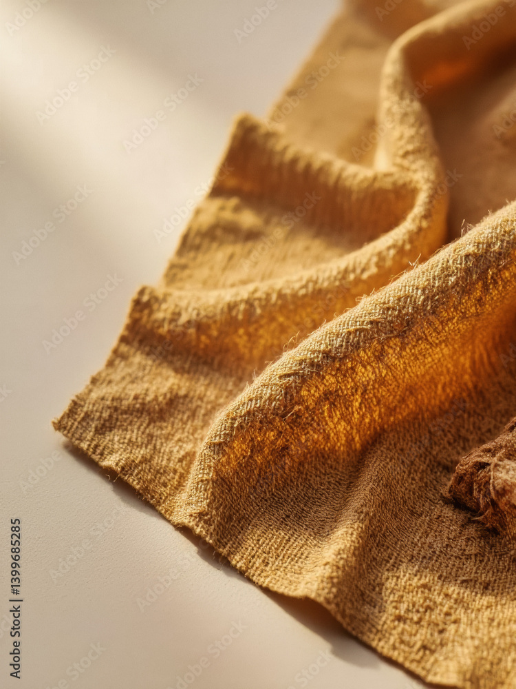 Poster everyday objects - for downstream advertisement and design: a textured, golden-brown fabric drapes s