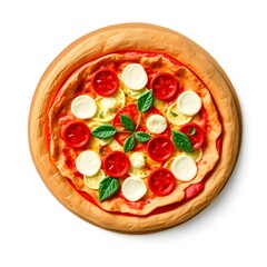 op View of Delicious Italian Pizza with Mozzarella, Cherry Tomatoes, and Basil on Wooden Board