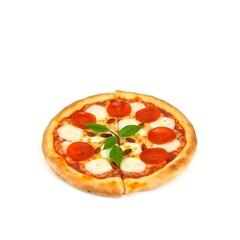 op View of Delicious Italian Pizza with Mozzarella, Cherry Tomatoes, and Basil on Wooden Board