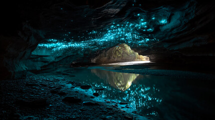 Ethereal Blue Bioluminescence Reflecting Mountain Silhouettes
