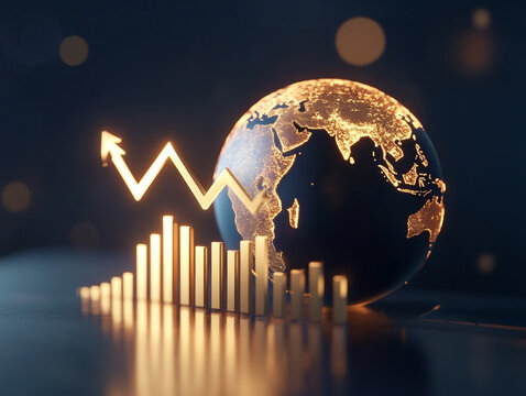 A three-dimensional bright arrow is soaring upwards and across a globe, set against a dark blue background with a glowing light golden bar graph.