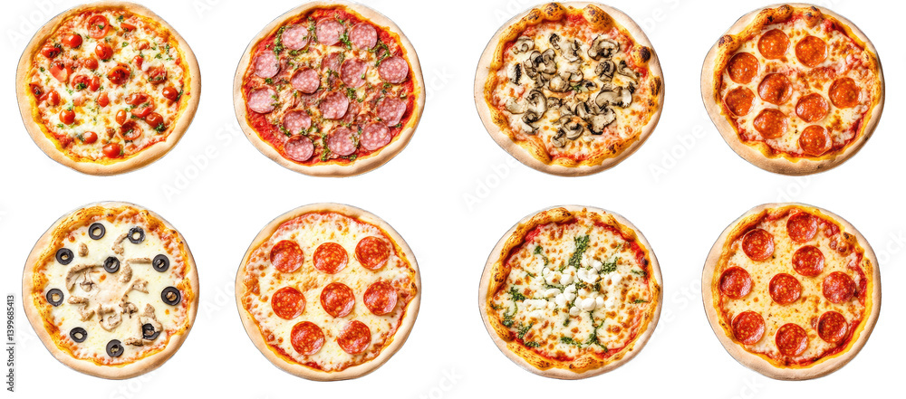 Poster eight different pizzas arranged in two rows featuring various toppings such as pepperoni mushrooms o