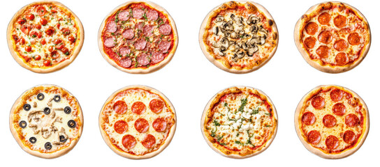 eight different pizzas arranged in two rows featuring various toppings such as pepperoni mushrooms olives and vegetables highlighting the diversity of pizza options