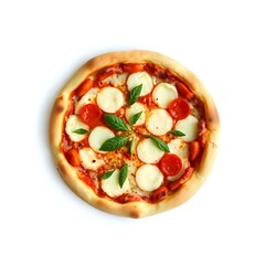 op View of Delicious Italian Pizza with Mozzarella, Cherry Tomatoes, and Basil on Wooden Board