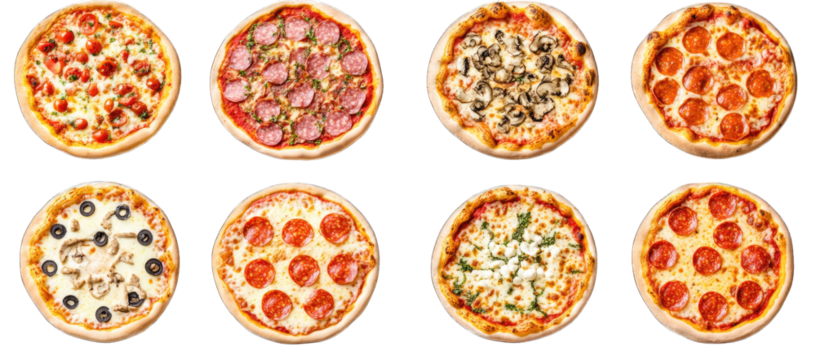 eight different pizzas arranged in two rows featuring various toppings such as pepperoni mushrooms olives and vegetables highlighting the diversity of pizza options