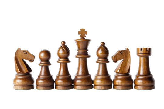 a row of wooden chess pieces including a knight pawn king and rook showcasing their distinct shapes and craftsmanship it highlights the strategic and artistic elements of chess
