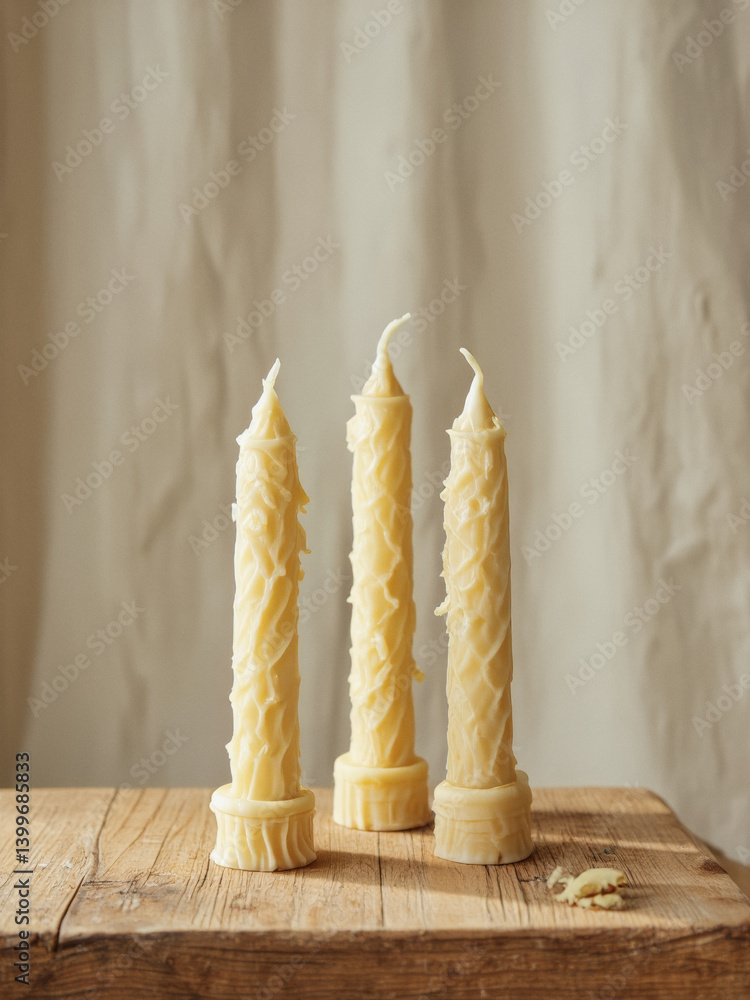 Poster everyday objects - for downstream advertisement and design: three beeswax candles with textured, spi