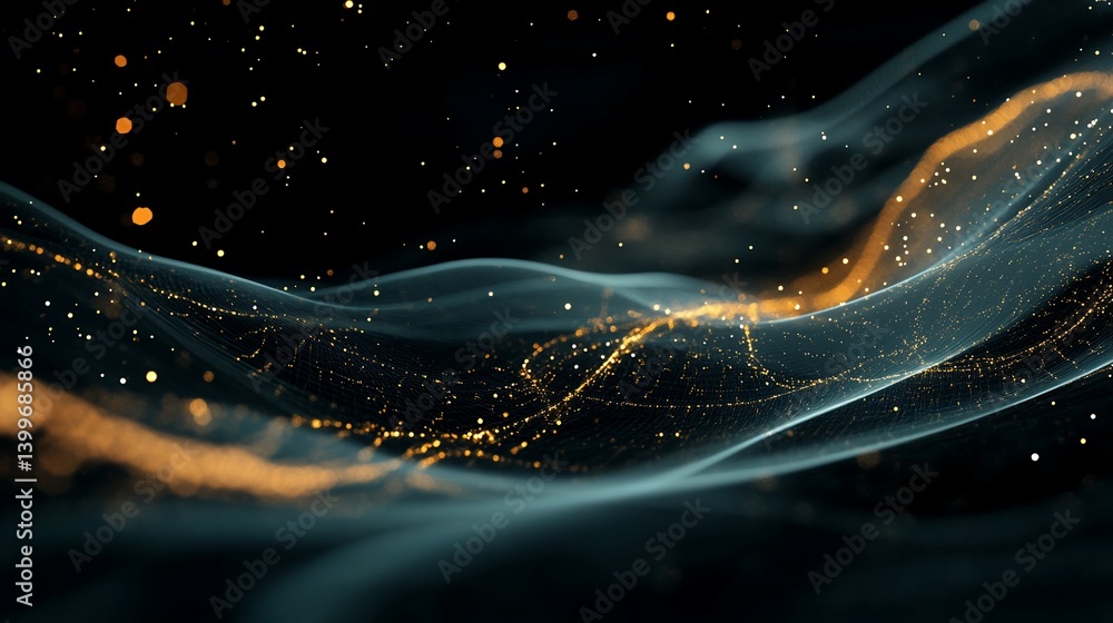 Poster abstract flowing digital landscape with glowing particles and wireframe structure, perfect for tech 