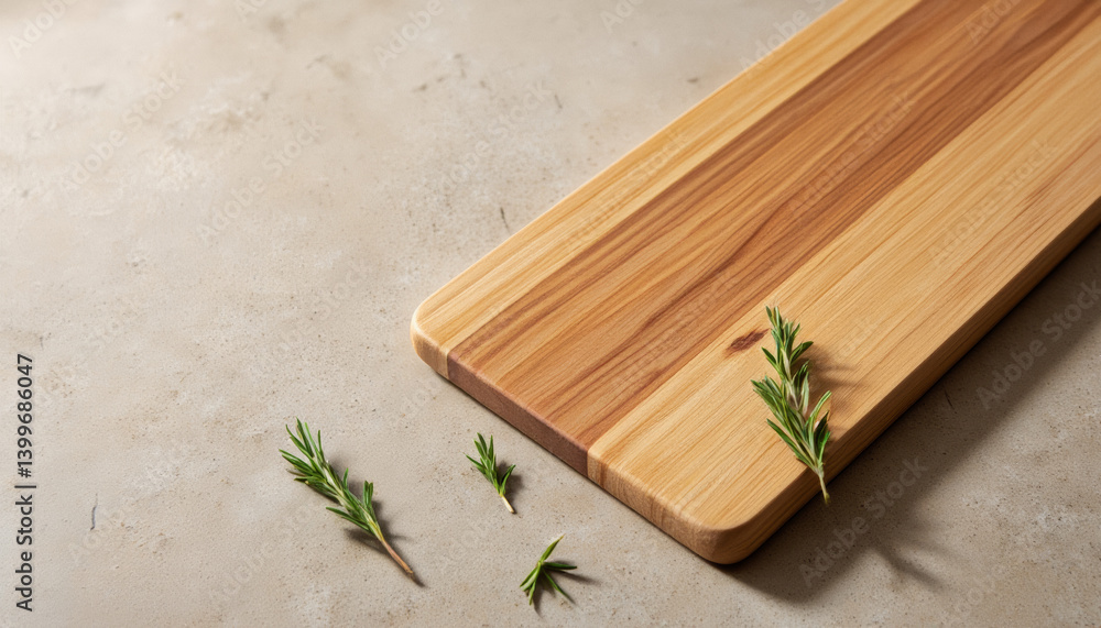 Aufkleber everyday objects - for downstream advertisement and design: a rectangular cedar cutting board rests 