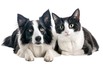 Obraz premium a black and white dog and a black and white cat lie side by side on a white background showcasing their contrasting features and friendly demeanor