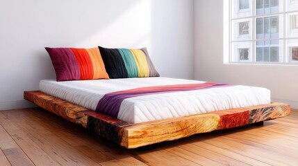A minimalist bed with no headboard, only a floating mattress