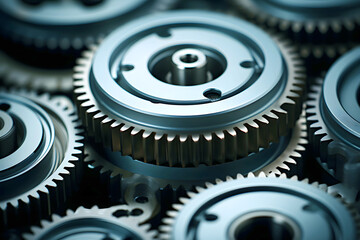 Complex arrangement of metal gears creating an intricate mechanical backdrop in a workshop setting