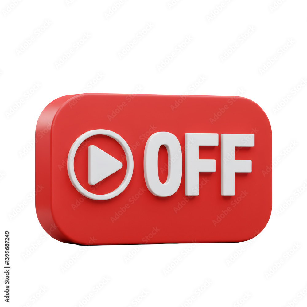 Poster red and white 3d play button with off text on transparent background