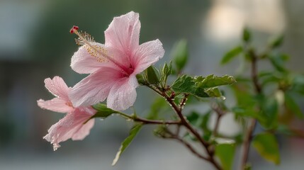 Dew Kissed Hibiscus Blooms  Pink Tropical Flowers Macro Photography