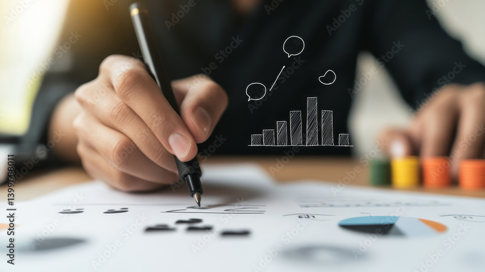 Poster business analytics presentation with hand drawing graphs and charts on documents during a meeting
