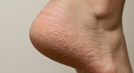 Fototapeta premium Closeup view of dry, cracked heels needing treatment, showing severe dryness and skin damage needing medical attention