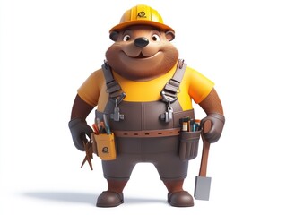 Fototapeta premium a beaver-worker character full-body view, wearing workers suit with intricate tools and equipment