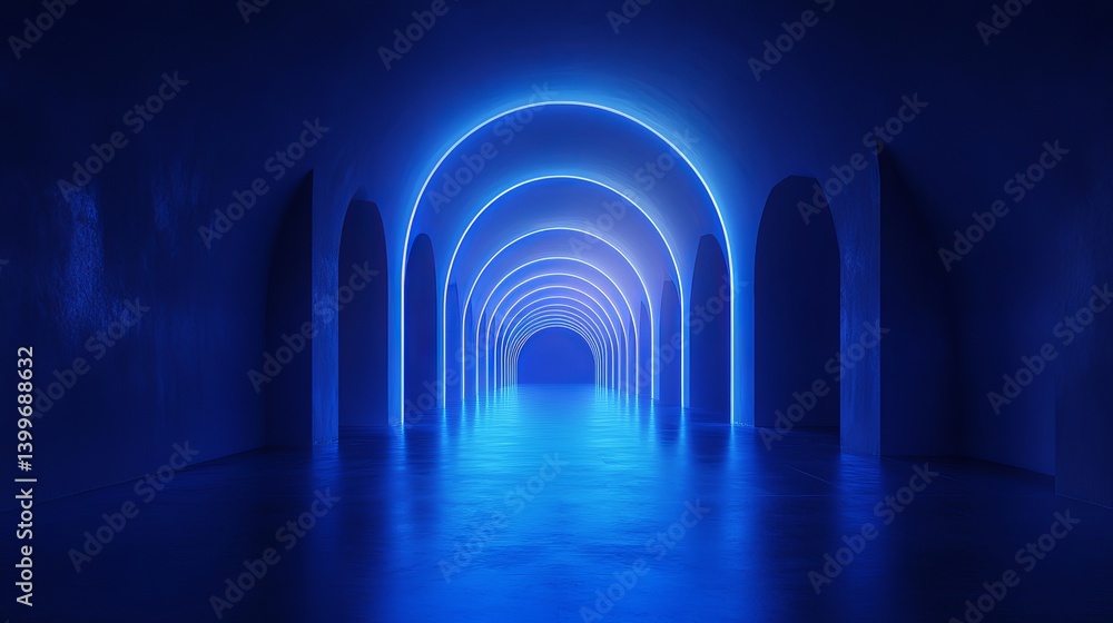 Poster a blue illuminated tunnel with arches creating a futuristic and modern perspective view of a corrido